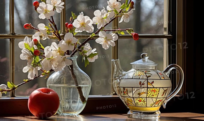 A teapot with fresh blossoms and an apple on a sunny windowsill AI generated