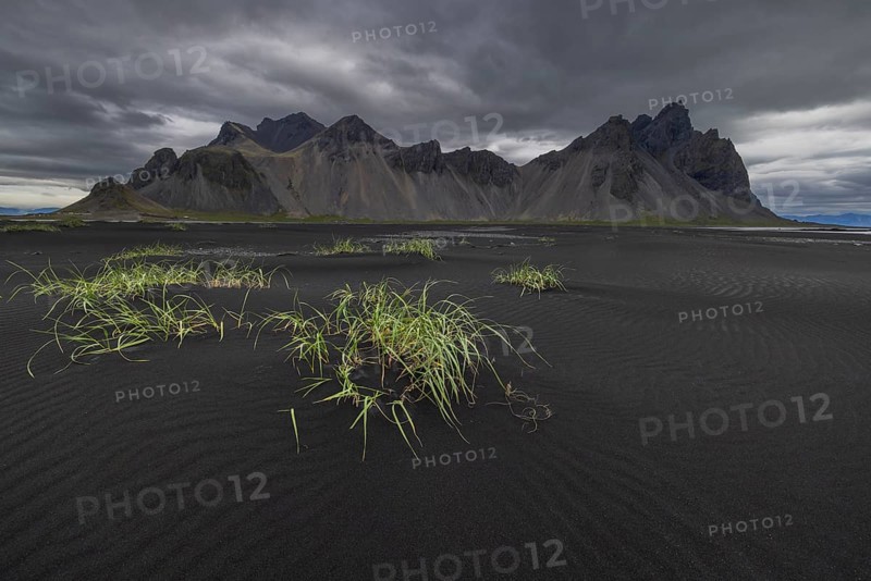 Vestrahorn, mountains with black lava sand, southern Iceland