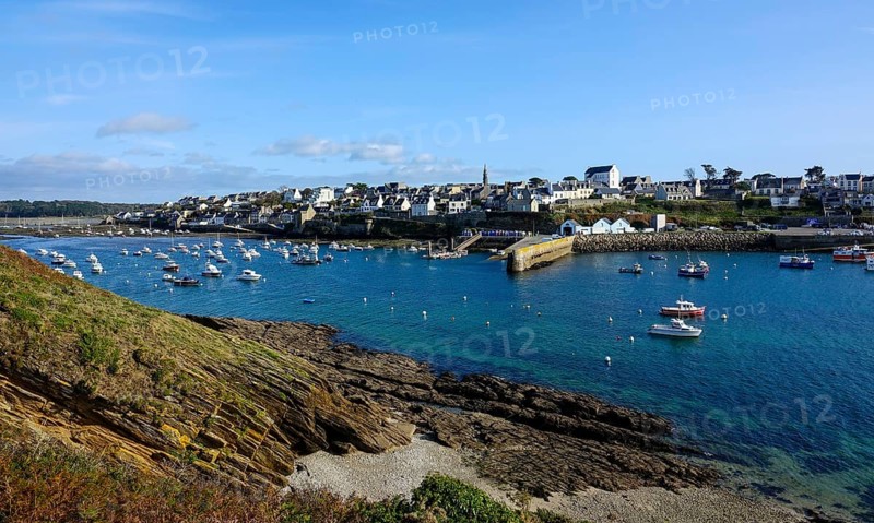 Harbour and commune of Le Conquet, seen from the Kermorvan peninsula, Finistere Pen ar Bed department, Brittany Breizh region, France, Europe