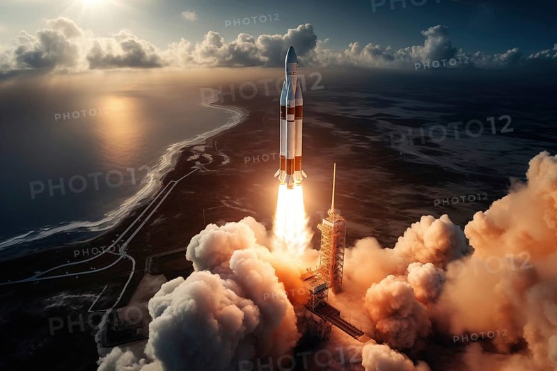 Aerial view of a rocket launch at sunrise sunset over an ocean coast. The rocket is blasting off with a trail of smoke and flames behind it, AI generated