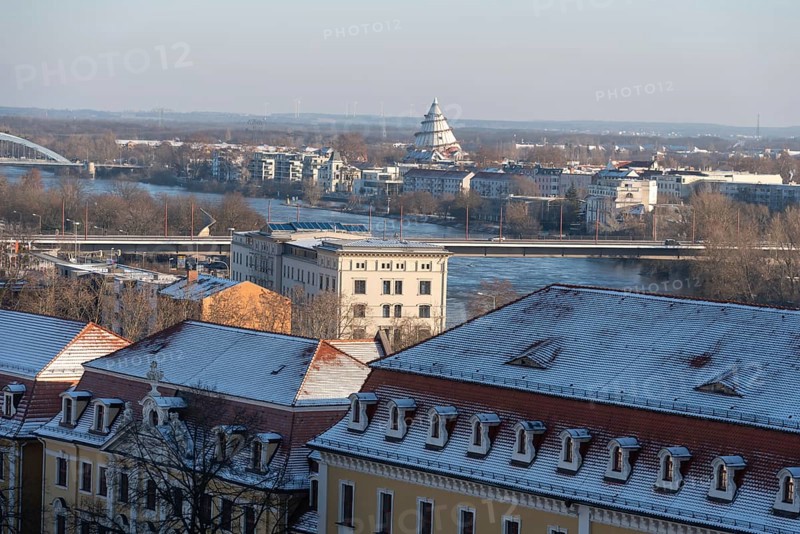 View across the Elbe to the Millennium Tower in the Elbauenpark, Magdeburg, Saxony-Anhalt, Germany, Europe