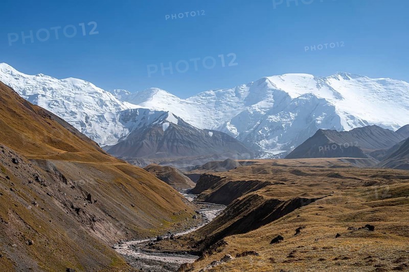 Valley with river Achik Tash between high mountains, mountain landscape with peak Pik Lenin, Osh province, Kyrgyzstan, Asia