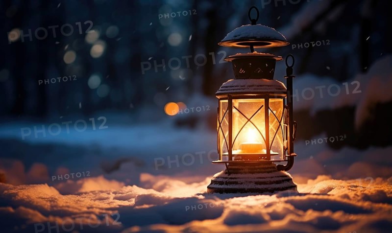 Lantern in snowy forest at night. Christmas and New Year concept AI generated