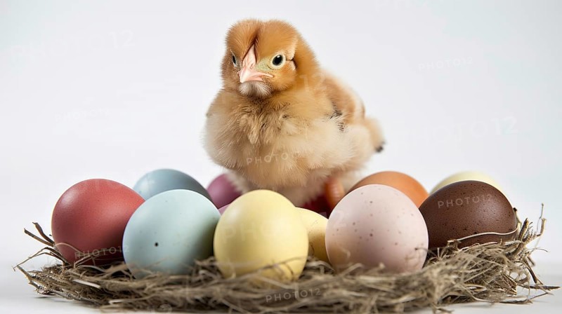 A cute chick perched on a nest with pastel-colored Easter eggs AI generated