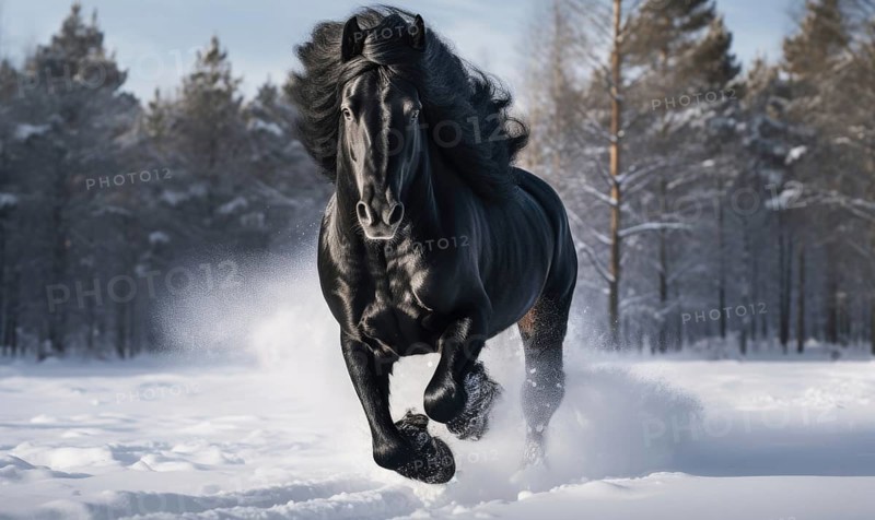 Black horse running on snow in winter landscape with forest in background AI generated