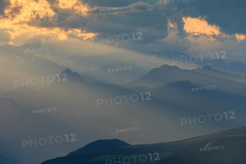 Thunderstorm mood over mountains, haze, grazing light, summer, Sarntal Alps, South Tyrol, Italy, Europe