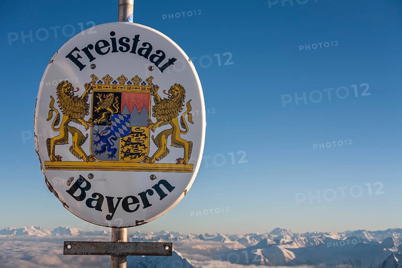 State sign, Free State of Bavaria, Zugspitze, winter, Garmisch-Partenkirchen, Bavaria, Germany, Europe