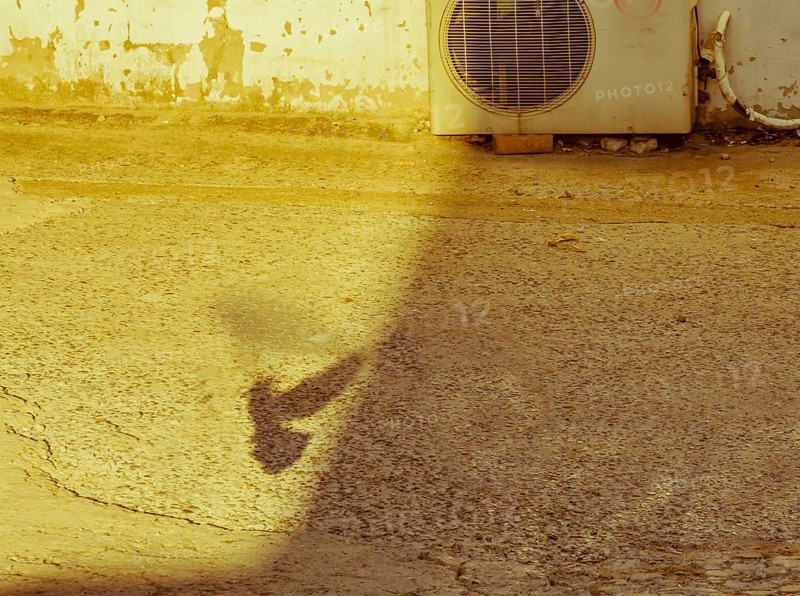 Shadow of a flying bird on sunny concrete driveway with old air conditioning unit and building wall in background