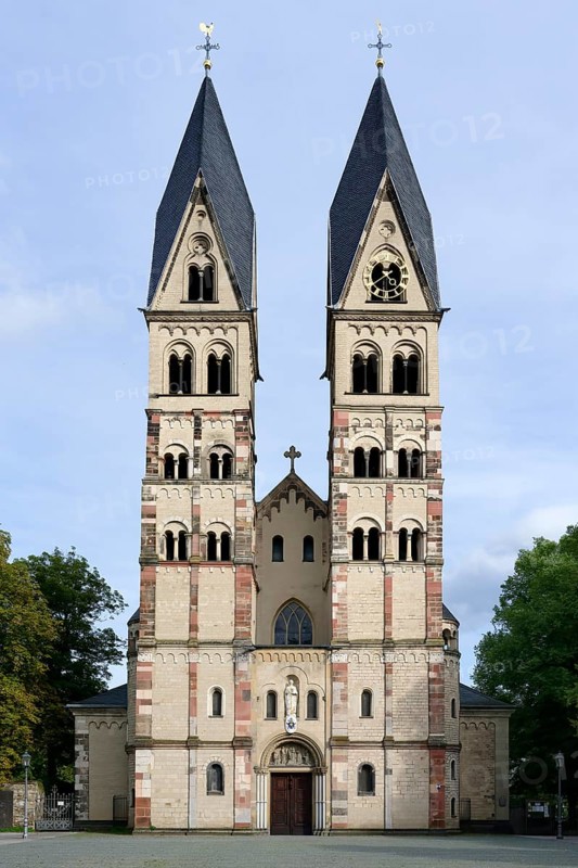 Two towers facade of St Castor Basilica, Coblenz, Rhineland Palatinate, Germany, Europe