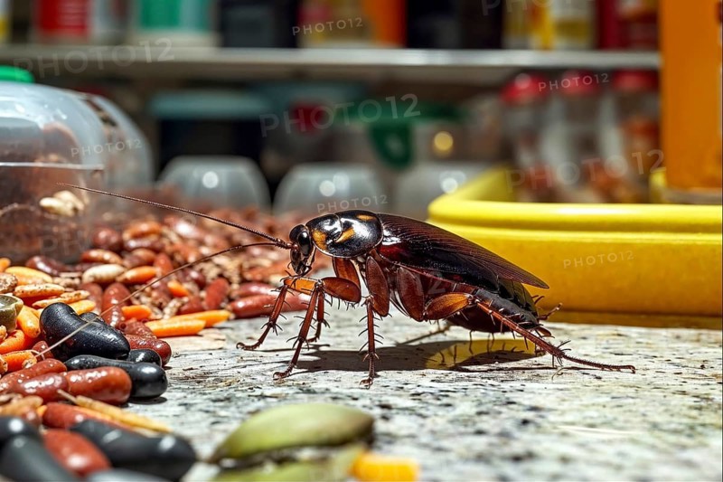 A cockroach (Blattodea) explores food in a kitchen, a common sign of a pest infestation, AI generated, AI generated