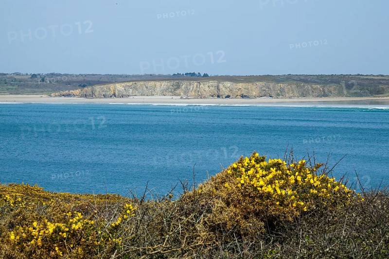 Sandy beach beach Plage de Kersiguenou, seen from the Pointe de Dinan, Crozon, Crozon Peninsula, department Finistere Penn ar Bed, region Bretagne Breizh, France, Europe