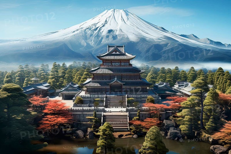 Shintoism Temple in front of Mount Fuji, Japan, AI Generated, AI generated, Asia