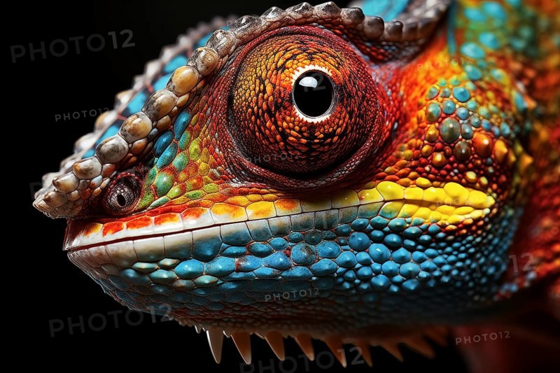 Vibrant close-up image capturing the intricate details and vibrant colors of a chameleon against a dark background, AI generated
