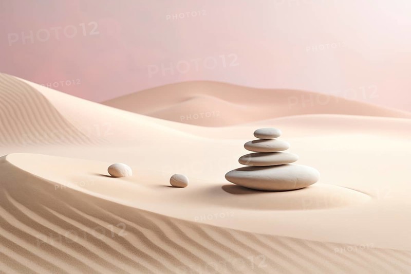 Zen stones stack on raked sand in a minimalist setting for balance and harmony. Balance, harmony, and peace of mind, wellness, meditation, and spirituality concept, AI generated