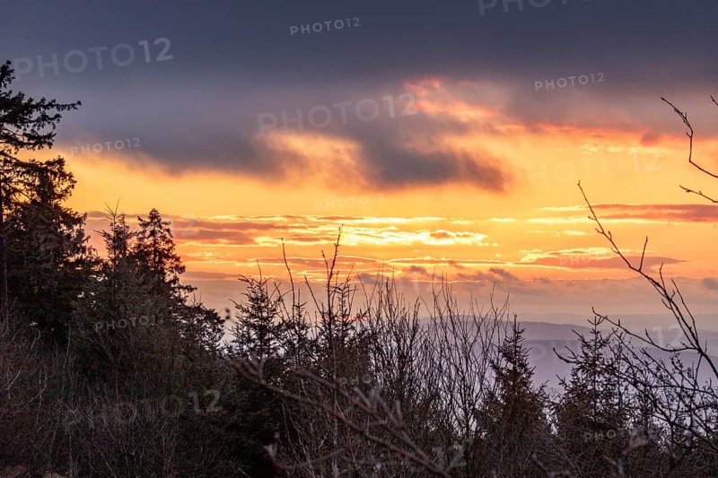 Landscape on the Grosser Feldberg, Taunus volcanic region. A cloudy, sunny winter day, meadows, hills, snow and forests with a view of the winter sunset. Hesse, Germany, Europe