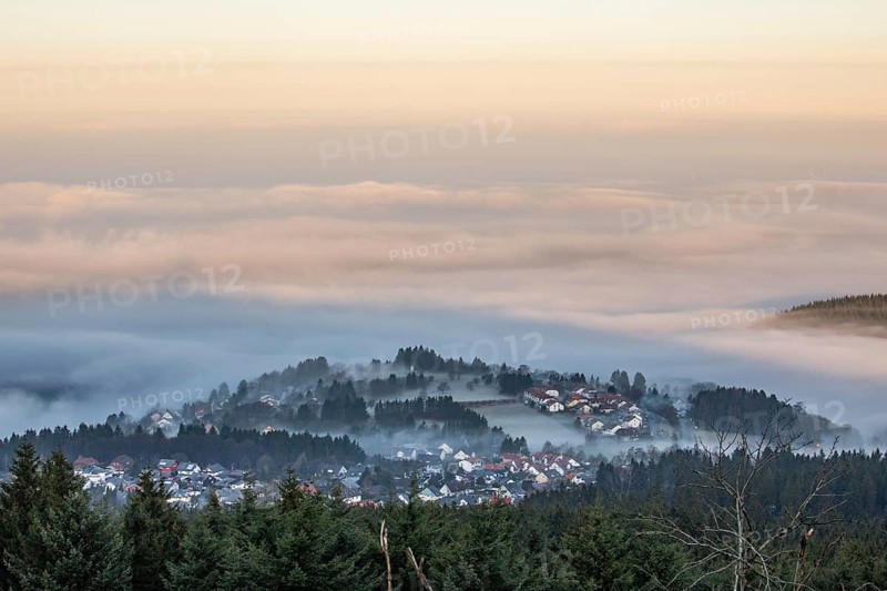 Landscape on the Grosser Feldberg, Taunus volcanic region. A cloudy, sunny winter day, meadows, hills, snow and forests with a view of the winter sunset. Hesse, Germany, Europe