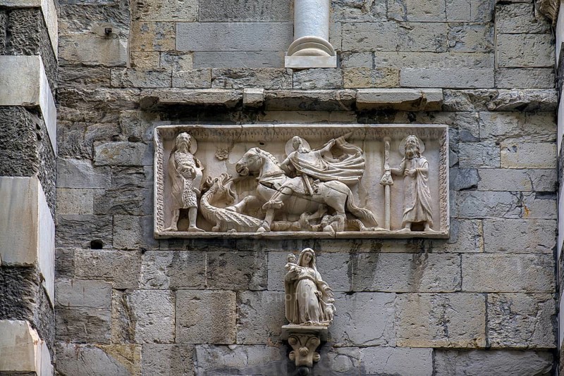 Figurative representation of St George, including the Virgin Mary, Cathedral of San Lorenzo, Piazza S. Lorenzo, Genoa, Italy, Europe