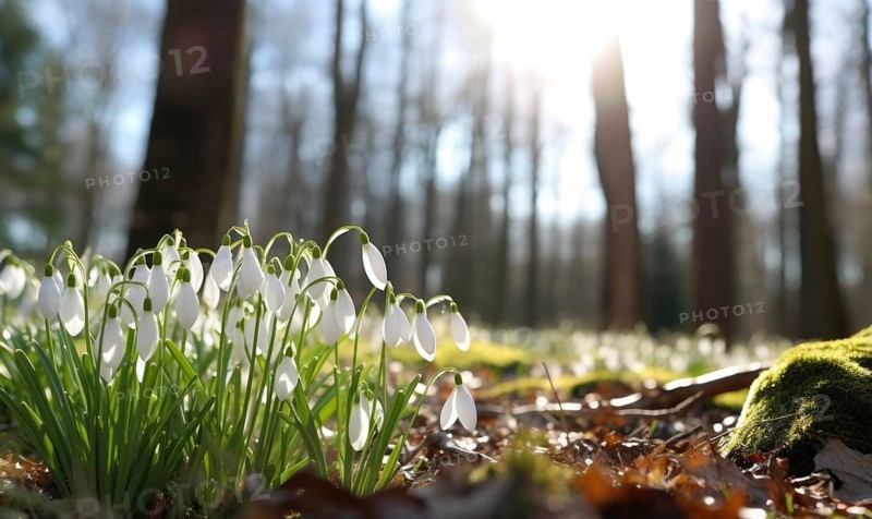 Sun-kissed snowdrops emerging from the forest floor, signaling spring AI generated