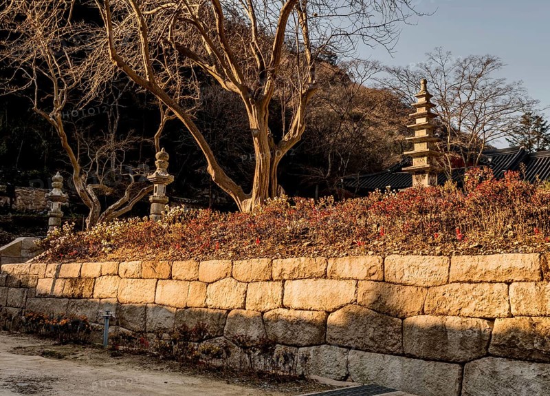 Autumn landscape of stone carved nine story pagoda at Buddhist temple