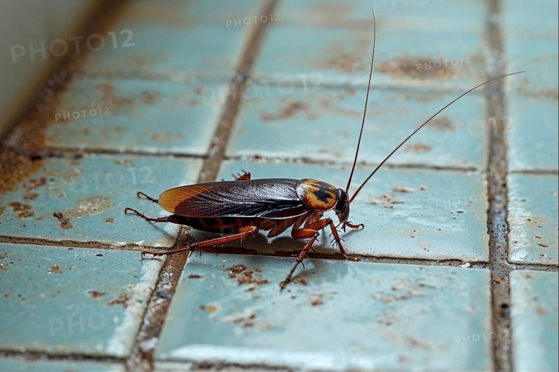 A cockroach (Blattodea) explores a tiled, dirty floor, AI generated, AI generated