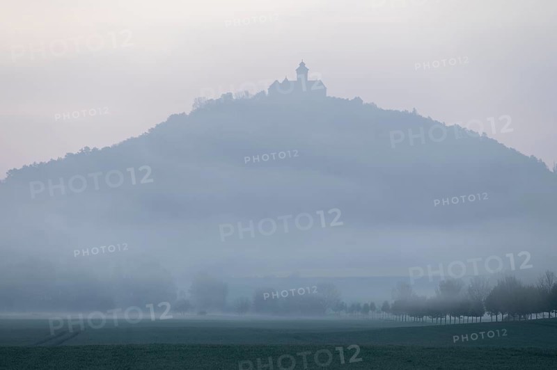 Wachsenburg Fortress in the morning mist, Thuringia, Germany, Europe