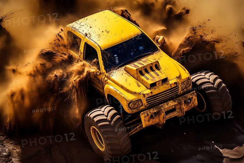 A dynamic aerial view of monster truck, with large tires, making its way off-road through rough terrain, kicking up dust and debris, AI generated