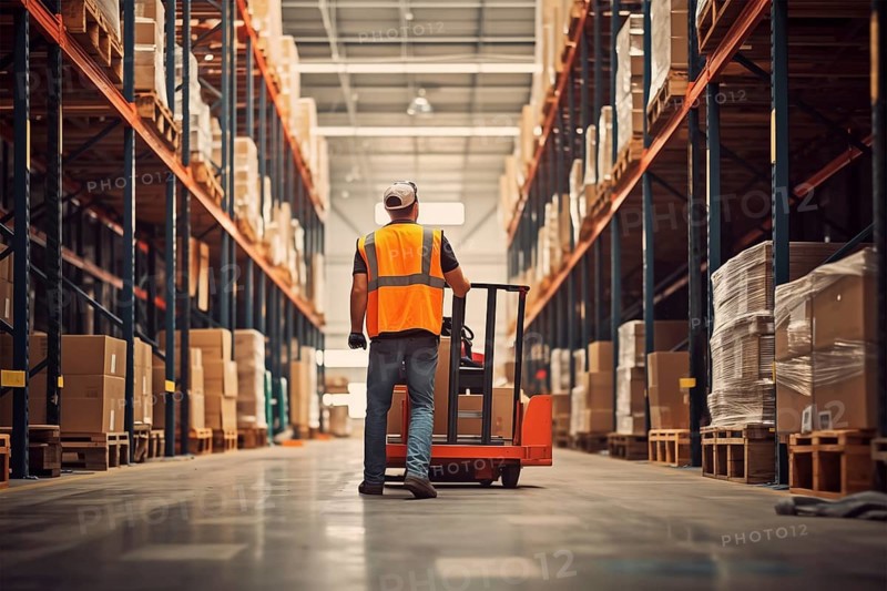 A worker in a reflective vest operates a forklift in a well-lit warehouse, navigating through aisles stacked with packaged goods. Efficiency and organization of a modern distribution center, AI generated