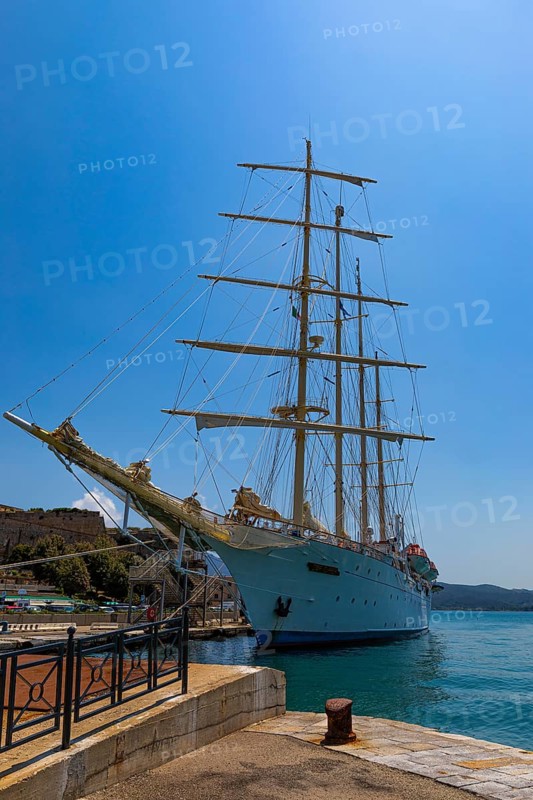 Four-masted sailing yacht Star Clipper anchored in the harbour of Portoferraio, Elba, Tuscan Archipelago, Tuscany, Italy, Europe