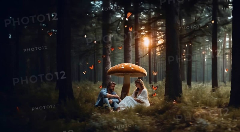 Couple resting in the forest under mushrooms, the concept of a fly agaric psilocybin trip, AI generated