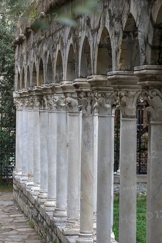 Columns from the restored cloister of Sant'Andrea 12th century, Via di Porta Soprana 12, Genoa, Italy, Europe