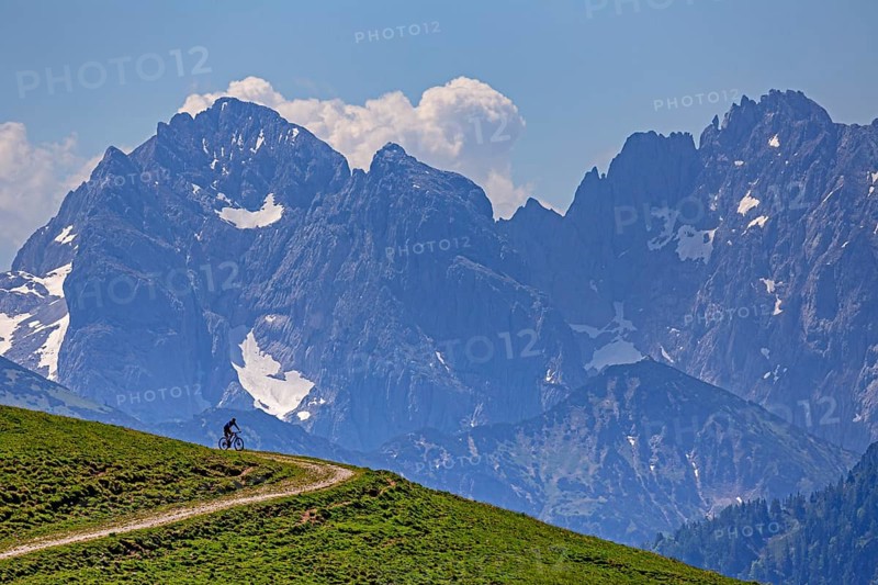 Mountain biker in front of steep mountains, noon, summer, Kaiser Mountains, Tyrol, Austria, Europe