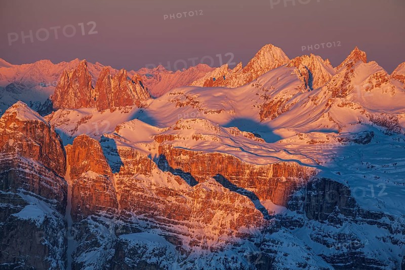 View of high plateau and mountains in the snow at sunset, winter, view of Geisler peaks, Dolomites, Italy, Europe