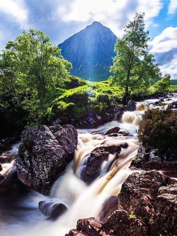 Waterfall under Buachaille Etive Mor, River Coupall, Glen Etive and River Etive, Highlands, Scotland, UK