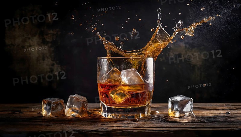 Whiskey with rocks or ice cubes in a glass with ice in a dark wooden background. AI Generated, AI generated