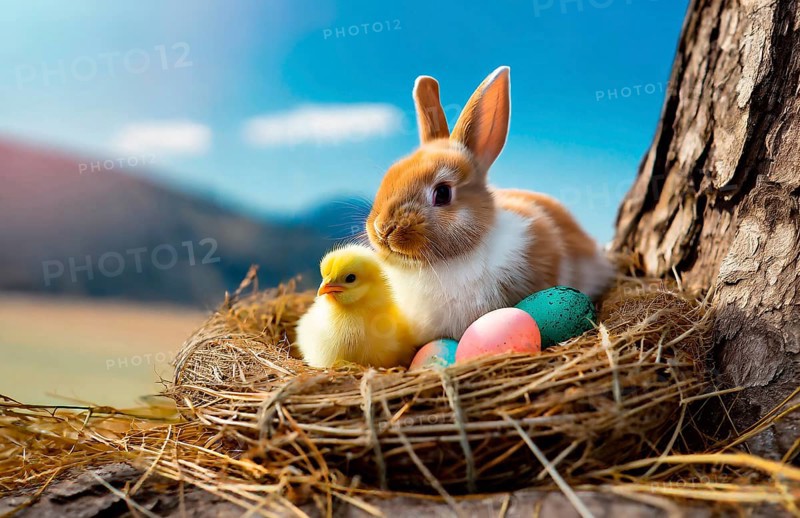 Easter, the Easter bunny and a chick sit in an Easter nest with colourful Easter eggs, AI generated, AI generated
