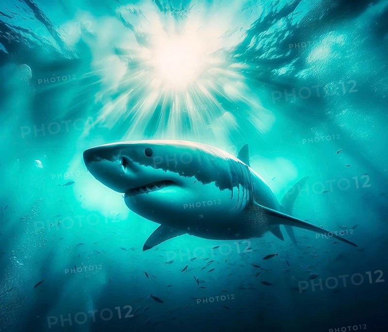 A great white shark swims in the ocean in a school of fish, AI generated, AI generated