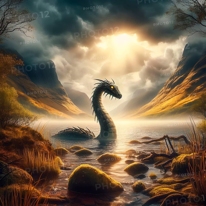 Mythology, the mythical creature Nessie, the Loch Ness monster, in Loch Ness in Scotland, AI generated, AI generated