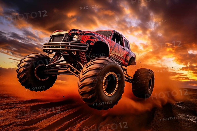 Monster truck driving and jumping outdoors amidst a cloud of dust. Thrill and adrenaline of an outdoor racing event on off-road terrain at dramatic sunset, AI generated