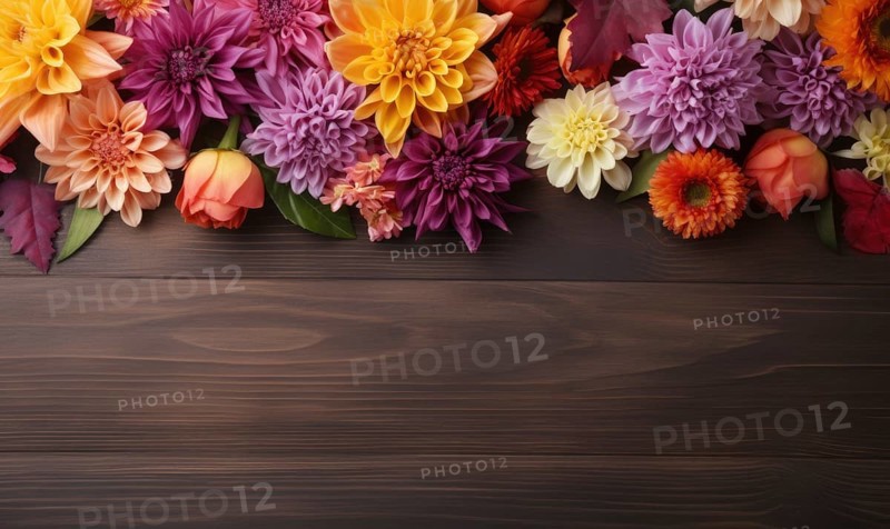 A vibrant selection of chrysanthemums on a rustic brown wood background AI generated