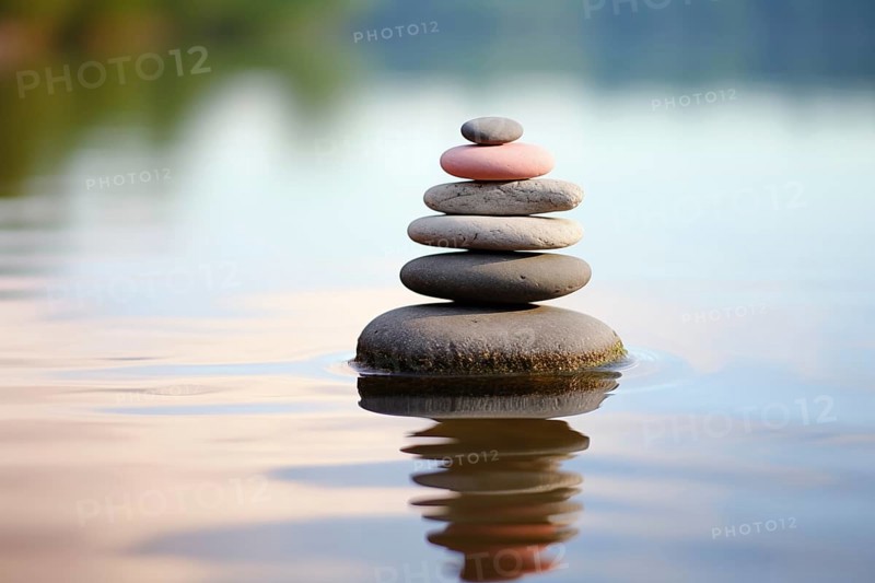 Stack of zen stones on water with a nature background. The image conveys a sense of balance, harmony, and peace. Suitable for use in wellness, therapy, and relaxation concepts, AI generated