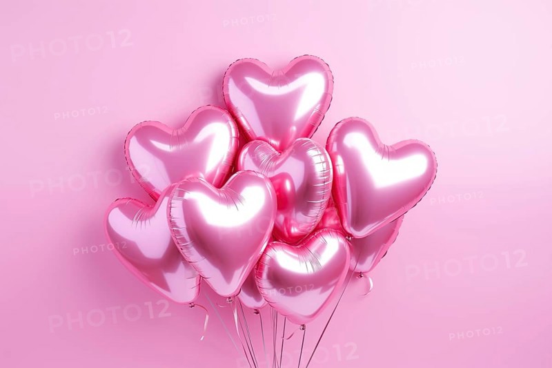 Bunch of glossy pink heart-shaped balloons against a soft pink background, perfect for Valentine Day, anniversaries, or any romantic occasion, AI generated
