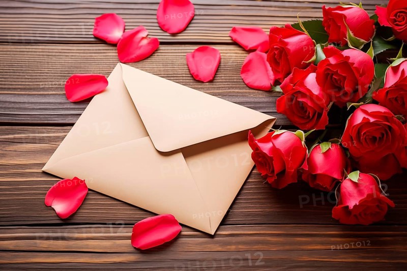 Vibrant red roses, a romantic valentine love letter in an elegant envelope, and scattered rose petals on a dark wooden table. Love and affection on Valentine's Day, AI generated