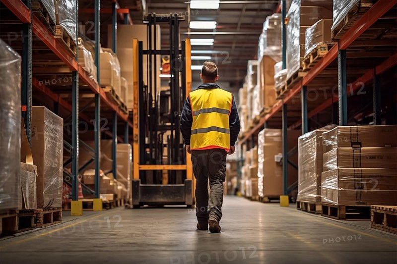 A worker in a reflective vest operates a forklift in a well-lit warehouse, navigating through aisles stacked with packaged goods. Efficiency and organization of a modern distribution center, AI generated