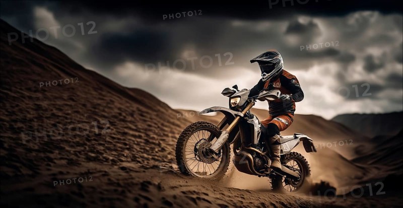 Motocross on an enduro motorcycle through mud and sand, a motorcyclist in gear and a helmet rides off-road, AI generated