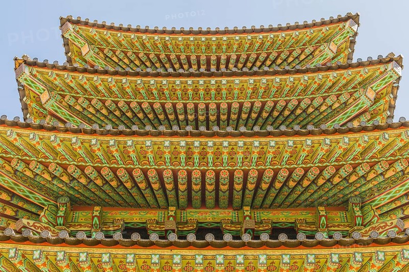 Buyeo, South Korea, July 7, 2018: Eves of colorful Buddhist five story pagoda at Neungsa Baekje Temple, Asia