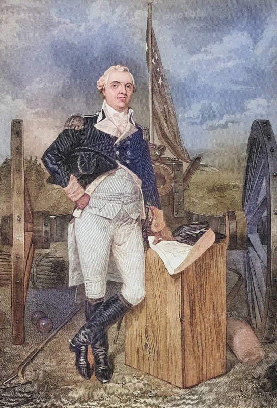 Henry Knox (born 25 July 1750 in Boston, Province of Massachusetts Bay, colony of the Kingdom of Great Britain, died 25 October 1806 in Thomaston, Massachusetts, USA) was an American bookseller from Boston, the chief artillery officer of the Continental Army and later the first US Secretary of War, after a painting by Alonzo Chappel (1828-1878), Historic, digitally restored reproduction from a 19th century original