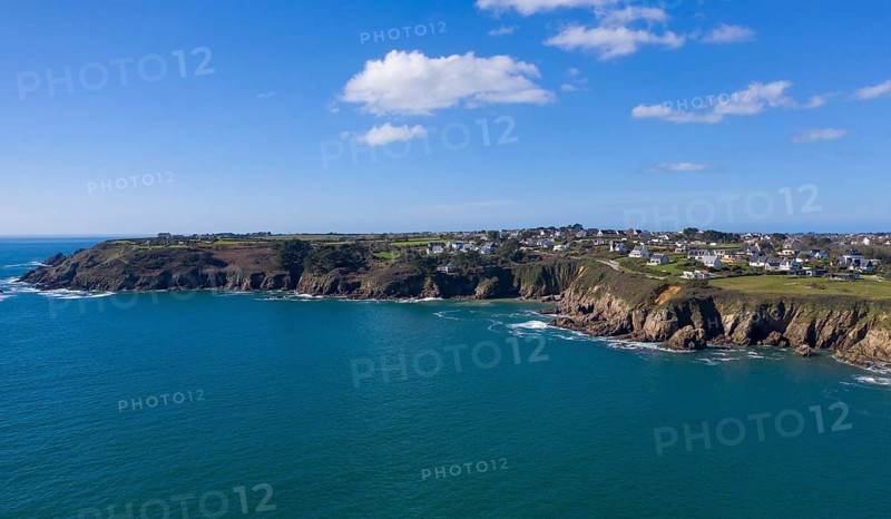 Aerial view of the cliffs at Plougonvelin on the Atlantic coast at the mouth of the Bay of Brest, Finistere Penn ar Bed department, Brittany Breizh region, France, Europe