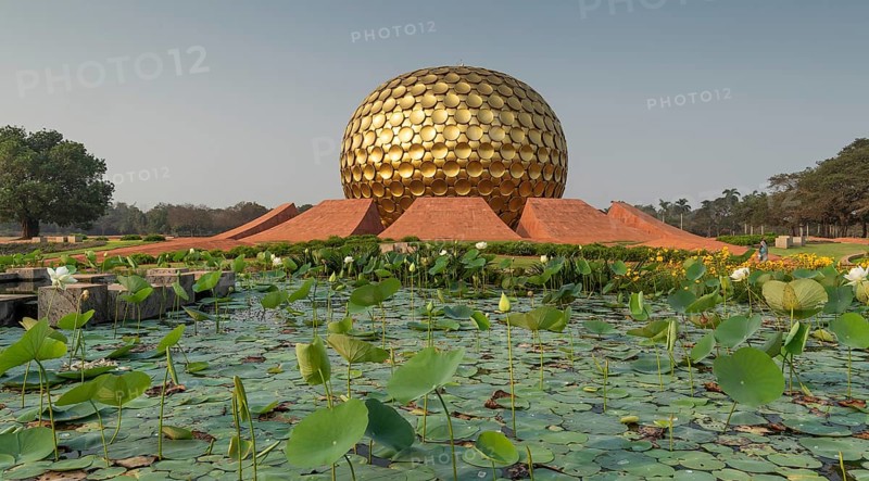 Lotus pond, meditation centre Matrimandir or Matri Mandir, future city Auroville, near Pondicherry or Puducherry, Tamil Nadu, India, Asia