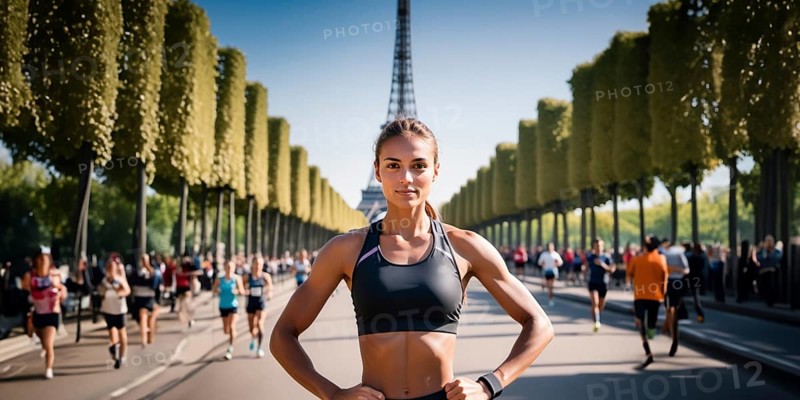 Woman athlete in Paris in sportswear against the background of the Eiffel Tower. Concept of the Olympic Games in France, AI generated