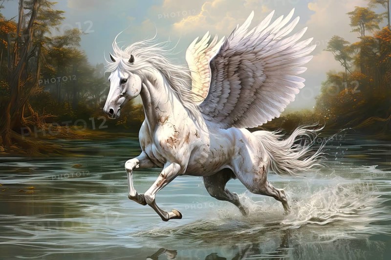 Legendary Pegasus winged horse of the Greek Mythology running through water with open wings, AI Generated, AI generated